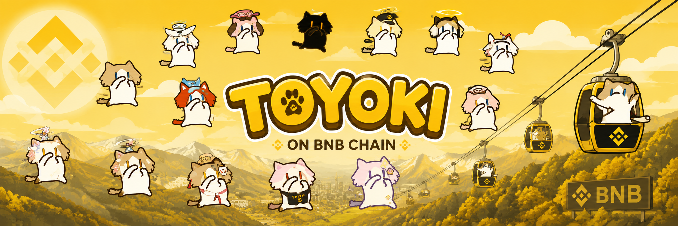 TOYOKI dancing cats scattered across a golden BNB Chain mountain landscape, with TOYOKI ON BNB CHAIN in the center